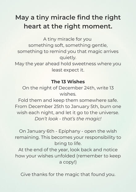 13 wishes for anonymous giving - write, burn, remember. Frequency anchored ritual page for The Night of Tiny Miracles.